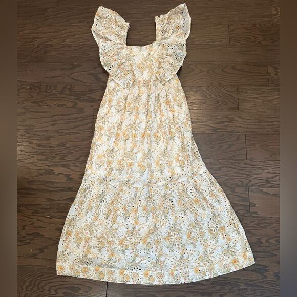 EN SAISON Eyelet Flutter Sleeve Midi-Dress Fields of Gold Size Medium - Picture 3 of 11